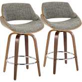 Fabrizzi 26" Swivel Counter Stool in Walnut Wood & Noise Grey Fabric with Chrome Footrest (Set of 2)
